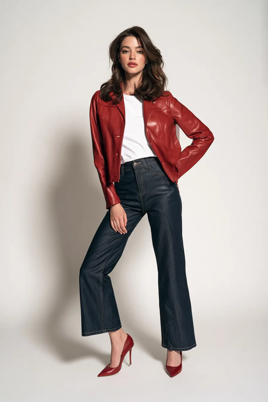 stylish red outfit idea with leather jacket as the statement piece