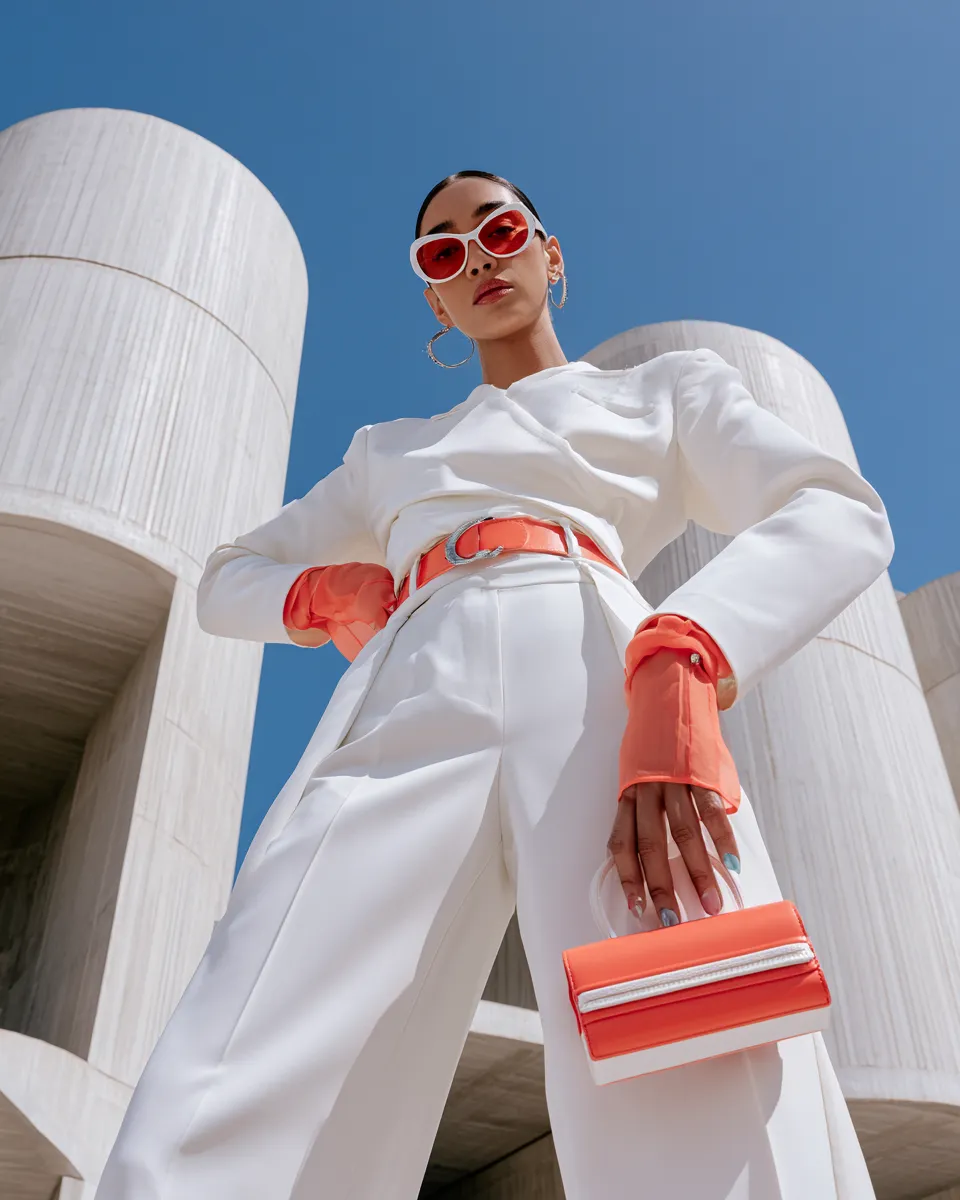 Model wearing white and warm-tone outfit combination in realistic fashion magazine photo