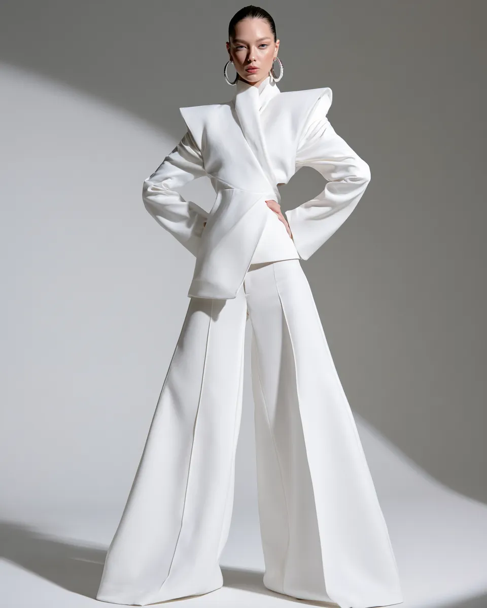 Studio beauty editorial of woman in chic white outfit with blazer and wide-leg trousers