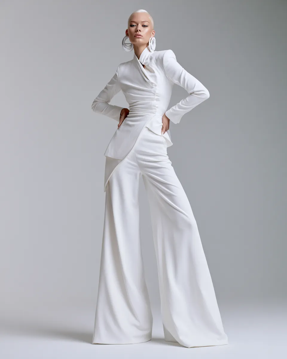 Woman in fashionable white outfit standing in studio editorial pose with sharp lighting and bold accessories