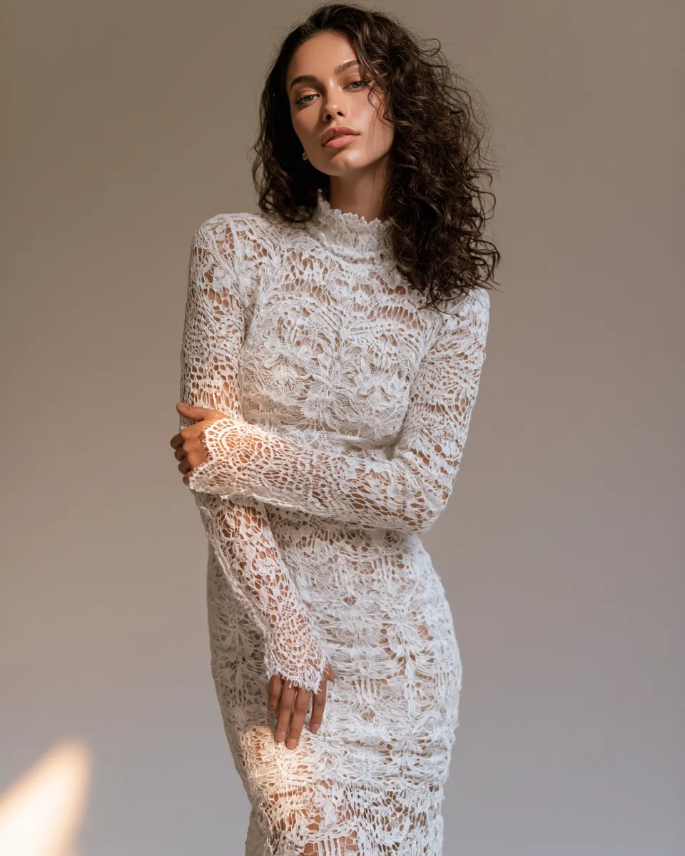 Woman wearing elegant white dress outfit in romantic fashion editorial shoot, face visible