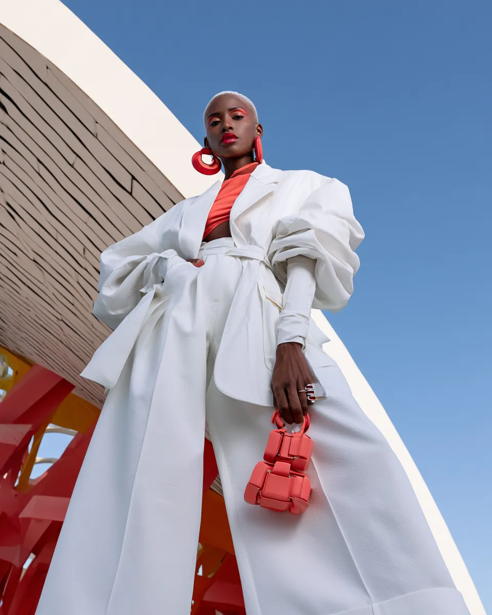 Editorial fashion photo of woman in chic white clothing with bold color accents, architectural setting