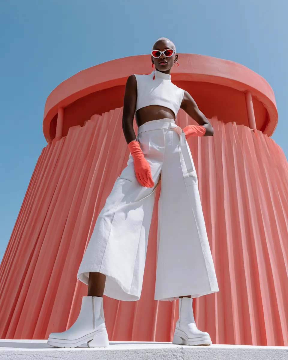 Standing fashion editorial model in white outfit with warm color styling, realistic magazine photography