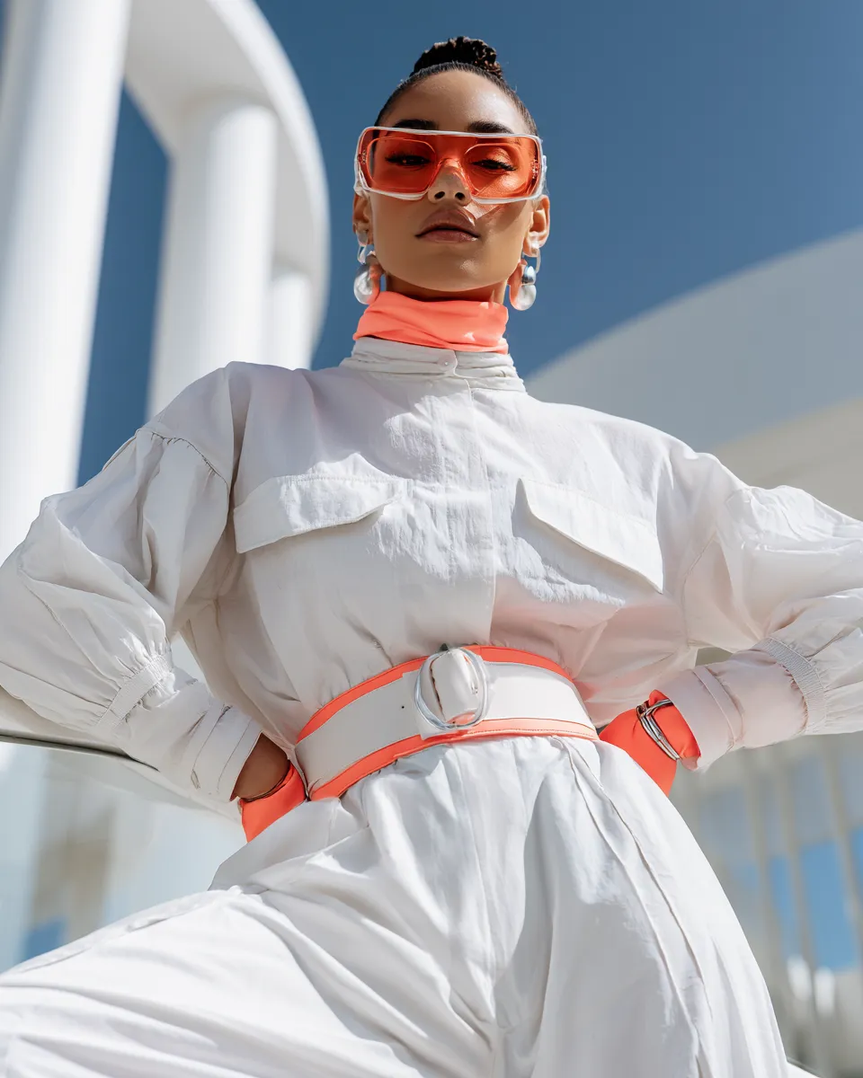 Woman in fashionable white outfit with coral accessories standing in architectural editorial medium shot