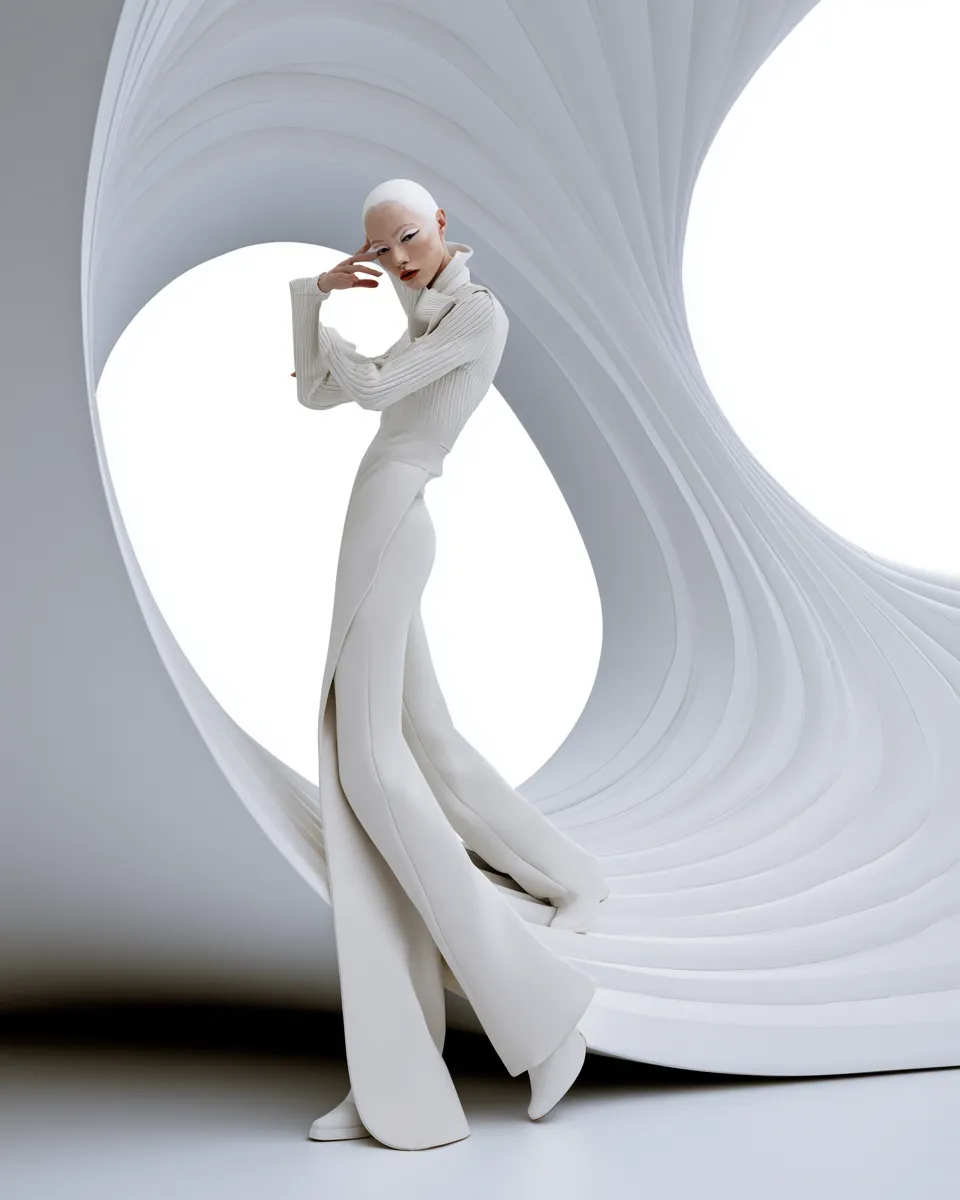 Beauty editorial standing pose woman in chic white fashion outfit, white interior background, realistic magazine photo