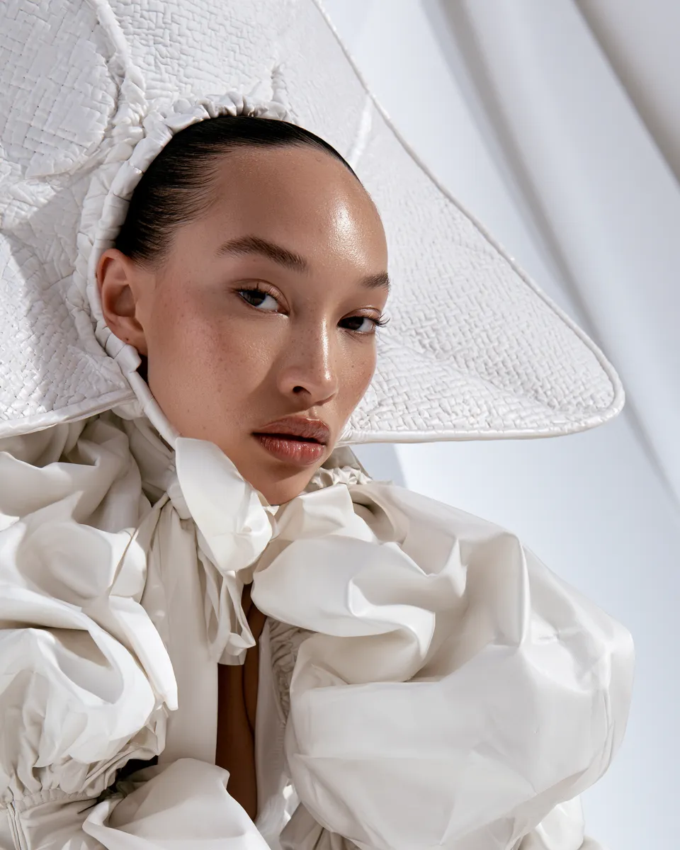 High-fashion editorial model in elegant white clothing standing pose, all-white environment, face forward medium shot