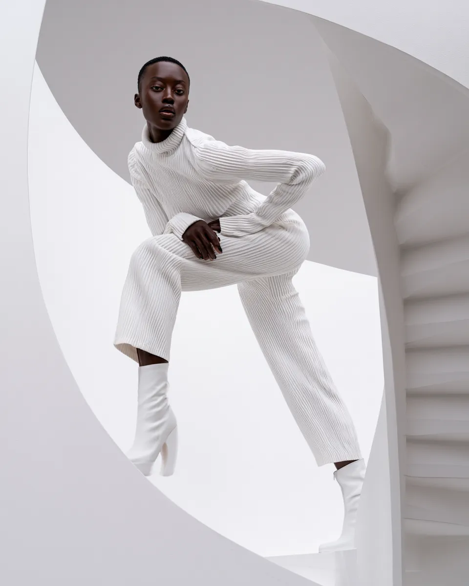 Fashion magazine photo of woman wearing white on white stylish outfit, face visible, sharp editorial lighting