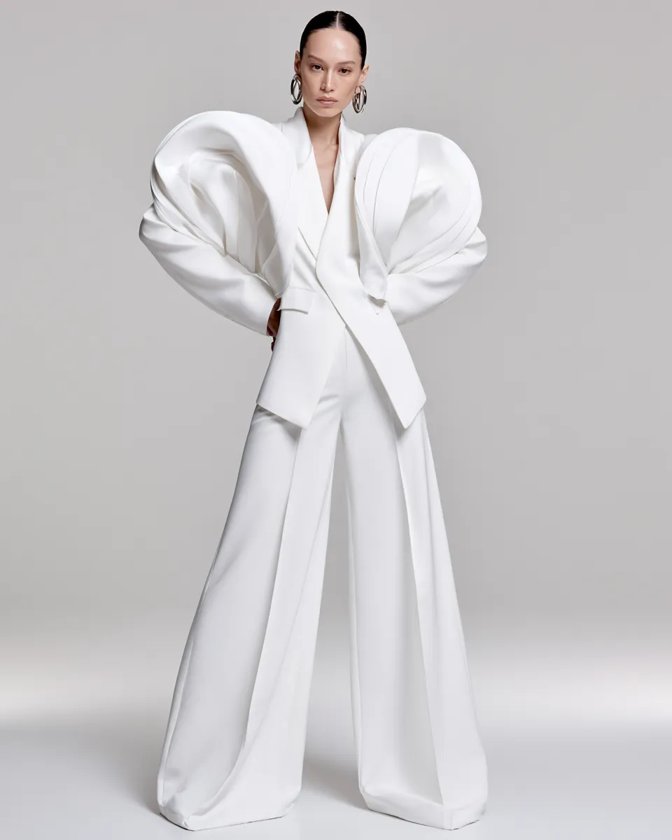 Model wearing all-white ensemble in fashion magazine editorial shoot, confident standing pose
