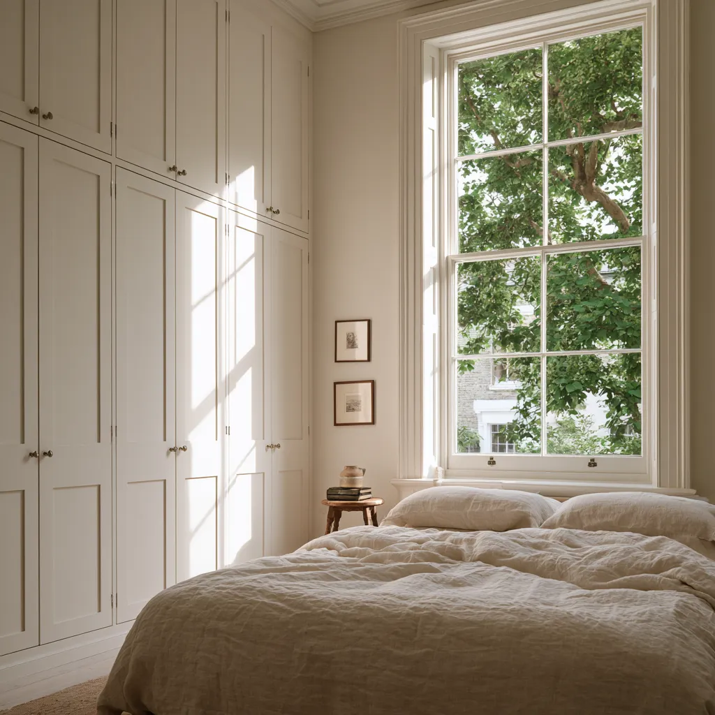 Armario empotrado dormitorio pequeño blanco junto a ventana estilo victoriano