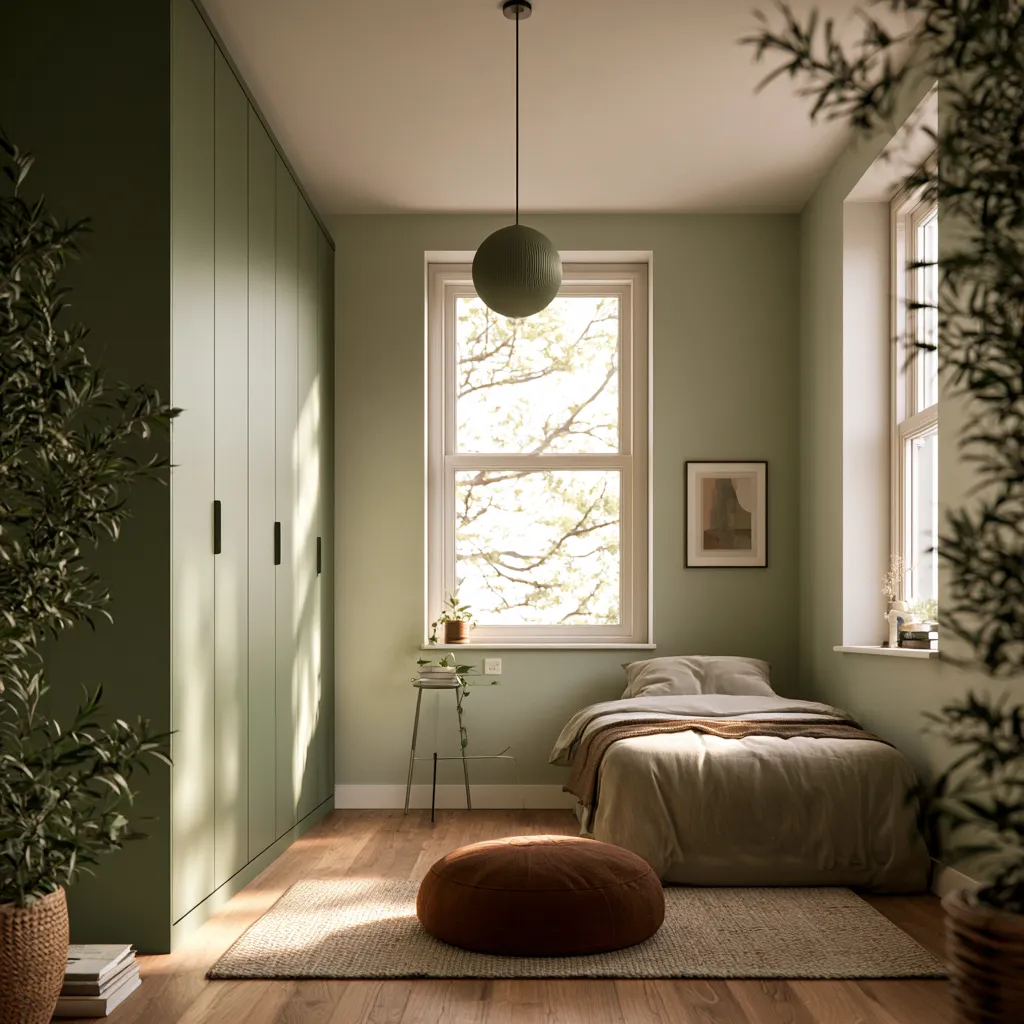 Dormitorio tipo estudio con armario empotrado pared corta acabado salvia satinado