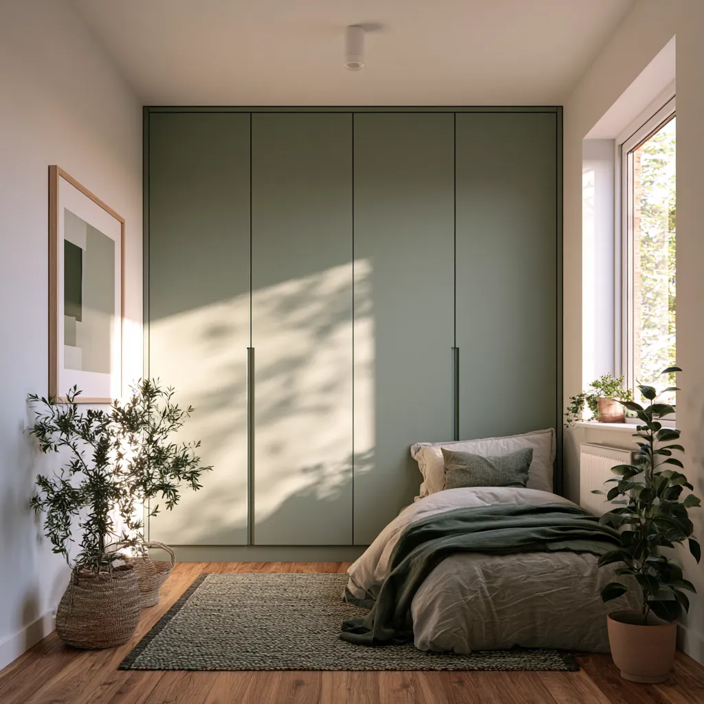 Armario empotrado pequeño dormitorio verde con cama individual y suelo parquet natural
