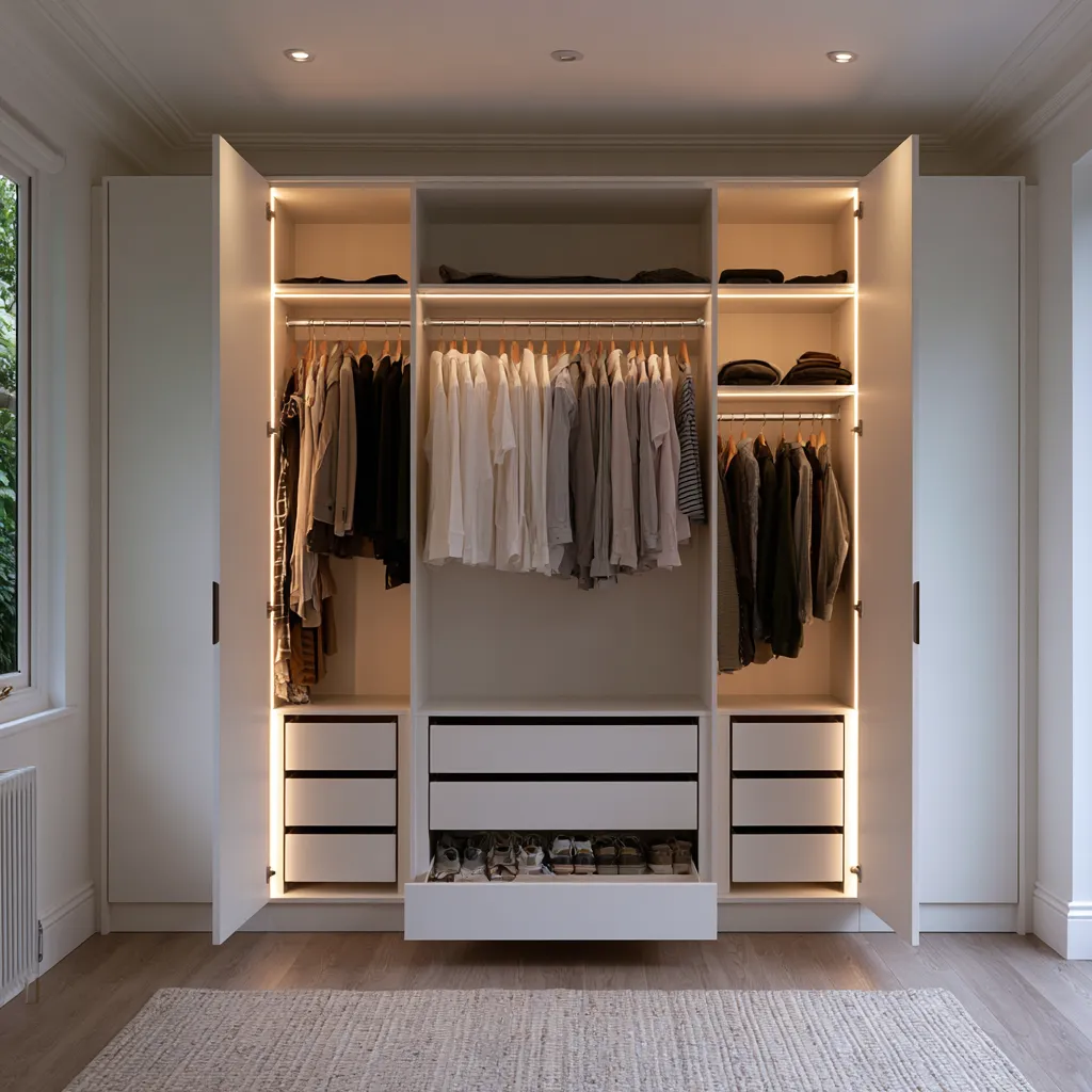 Organización interior armario empotrado dormitorio pequeño con LED y acabado blanco MDF