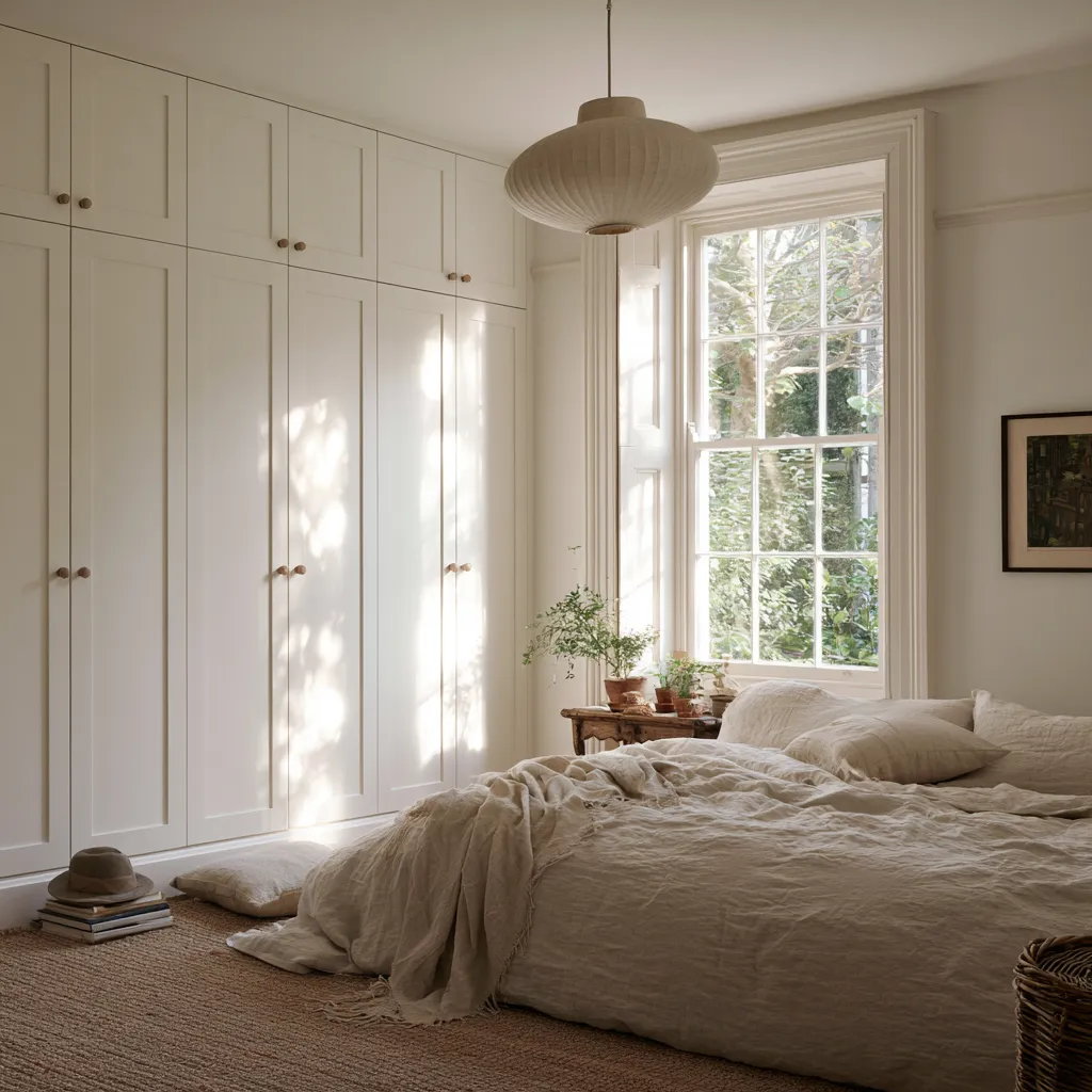 Armarios empotrados para dormitorios pequeños con puertas blancas y almacenamiento hasta techo