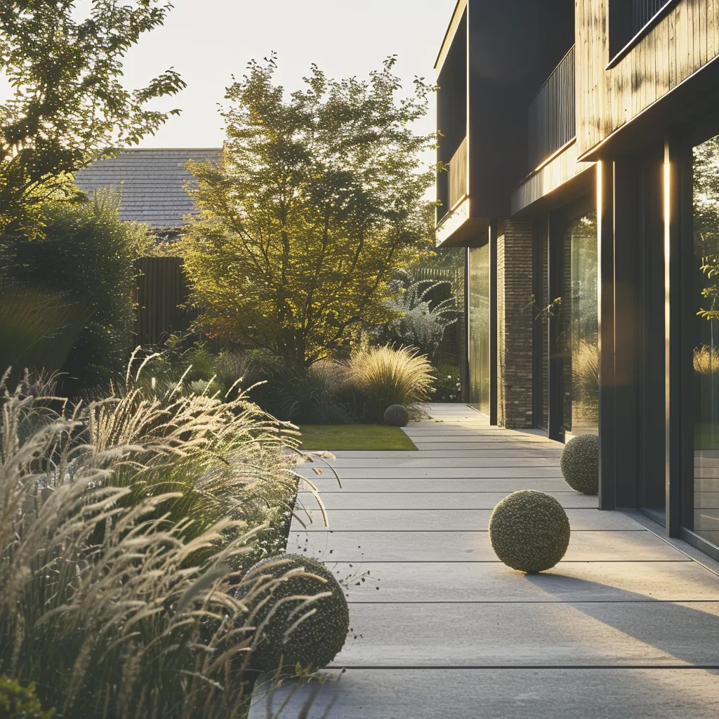 Architectural front garden with bold foliage and clean edging framing a modern house entrance