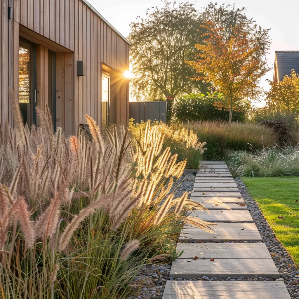 Natural front garden design for modern timber house facade with Stipa gigantea and autumnal border