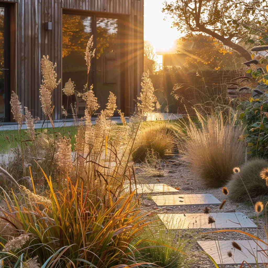 Organic front garden planting scheme for wood-clad contemporary home with backlit grasses and gravel path