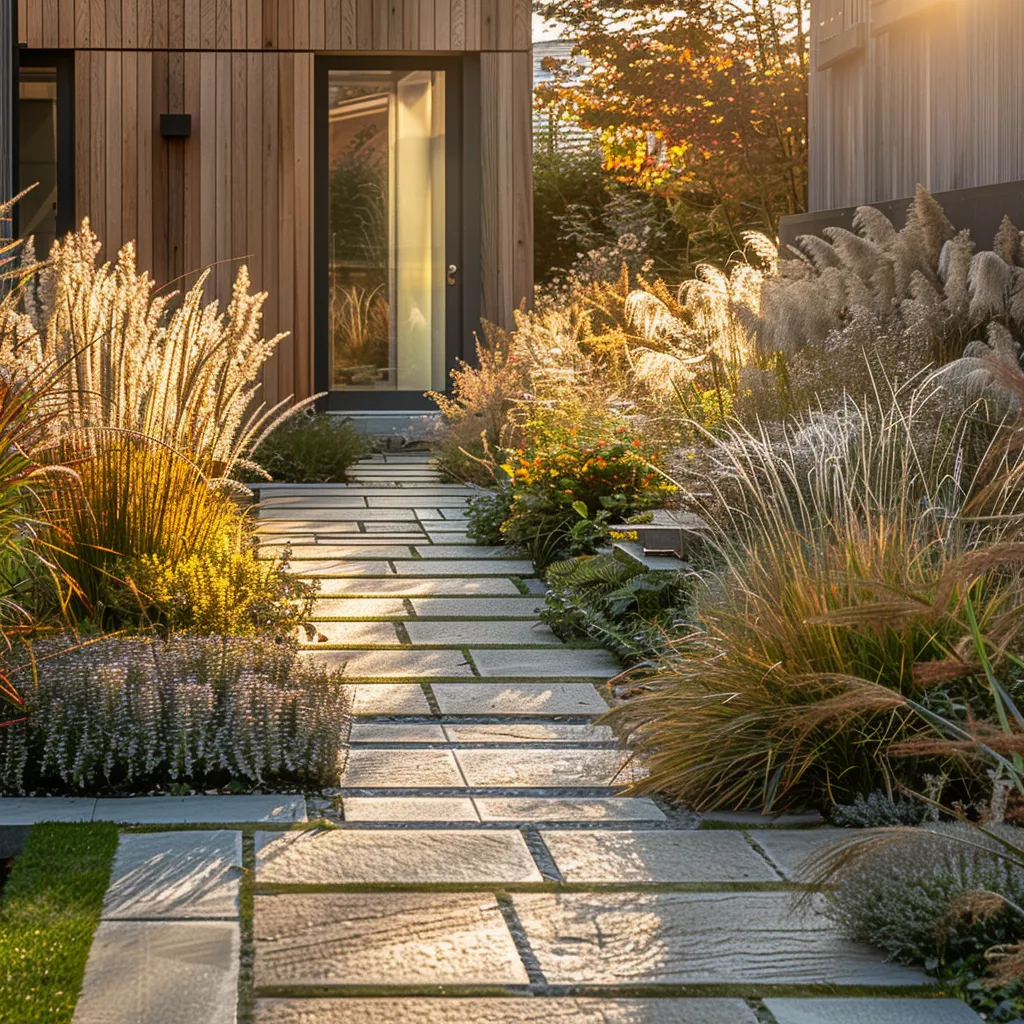Front garden planting ideas for a timber-clad house with naturalistic ornamental grasses in autumn light