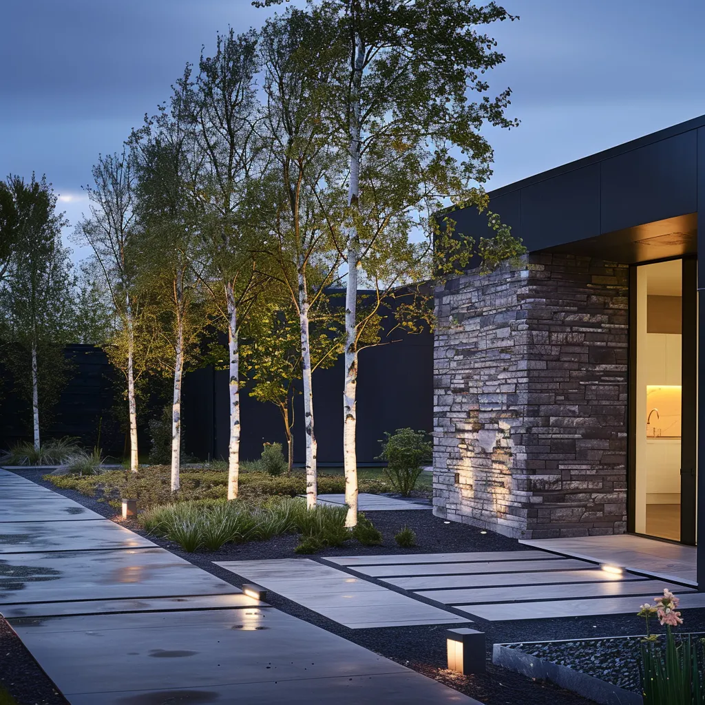 Front garden planting ideas at dusk with uplighting on birch specimen tree against dark render modern house facade