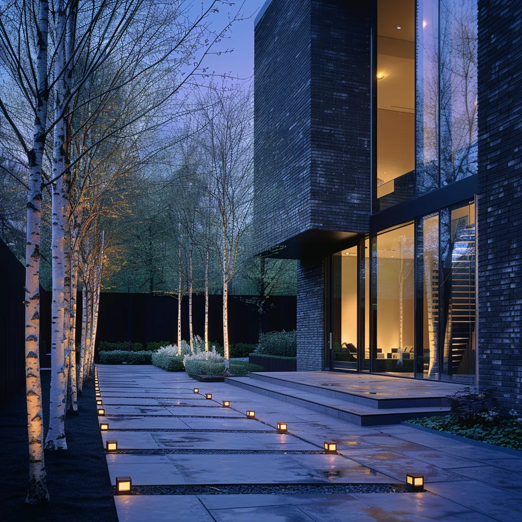 Modern house front garden at blue hour with low-voltage specimen tree lighting and dark facade glow