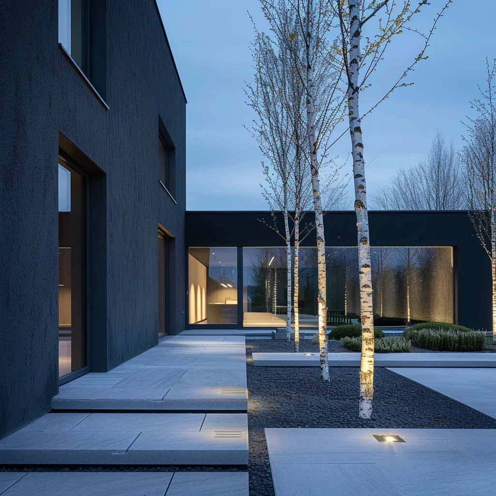 Night front garden planting scheme for contemporary render house with atmospheric uplighting and pathway lighting