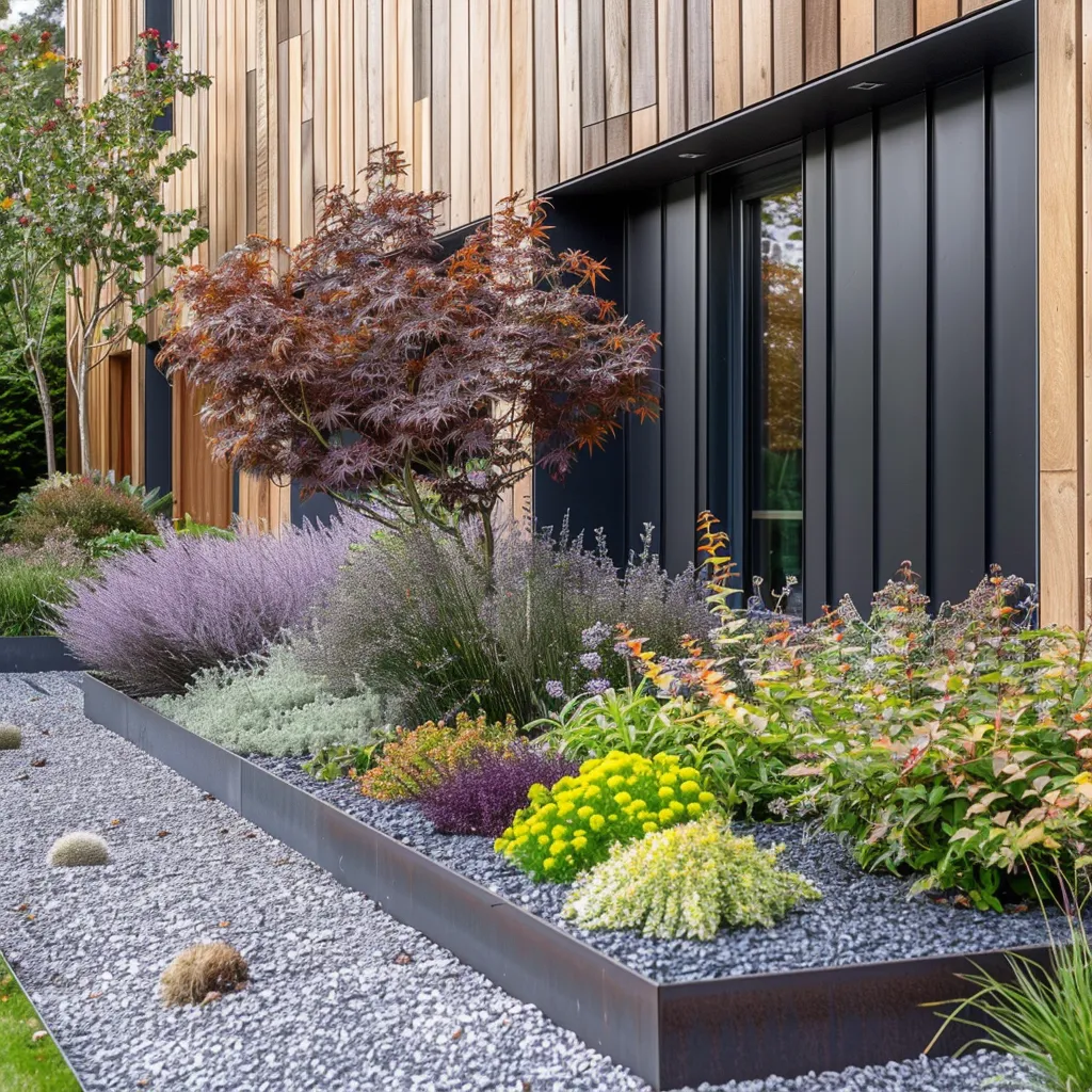 Foliage-led front garden planting ideas for a timber-clad modern house with purple and silver tones