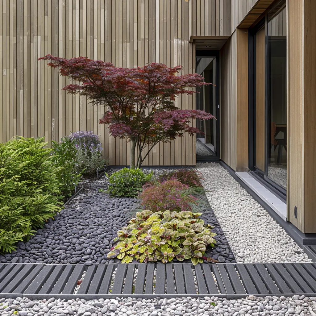 Contemporary front garden colour palette with dark and silver foliage against timber house facade