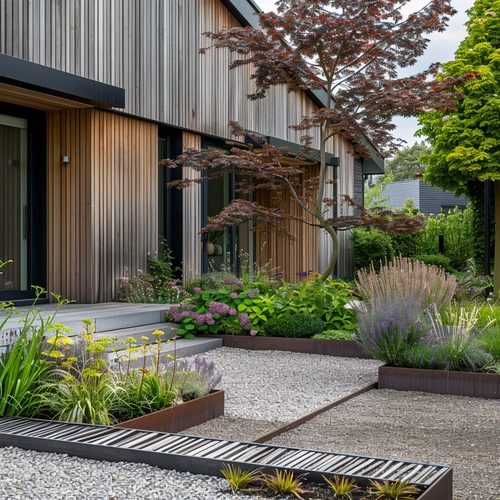 Modern home front planting scheme in analogous foliage colours with steel edging and gravel ground cover