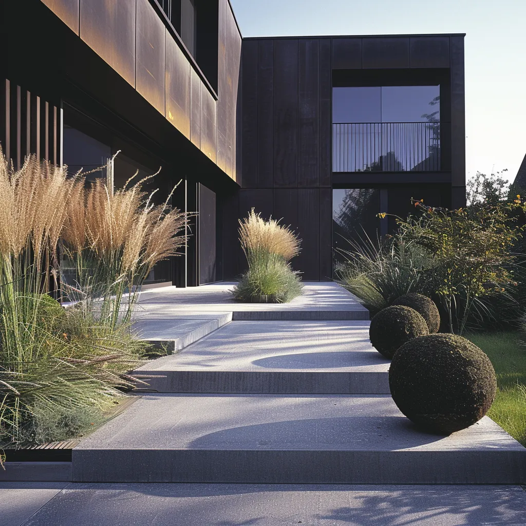 Front garden planting ideas for a dark render modern house facade with ornamental grasses and clipped spheres