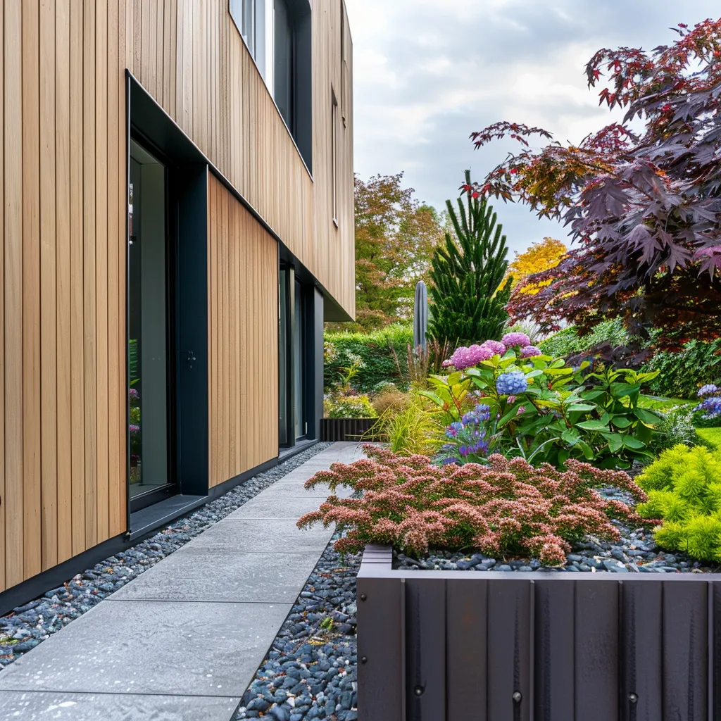 Monochromatic front garden planting design for a contemporary property with Japanese maple focal specimen