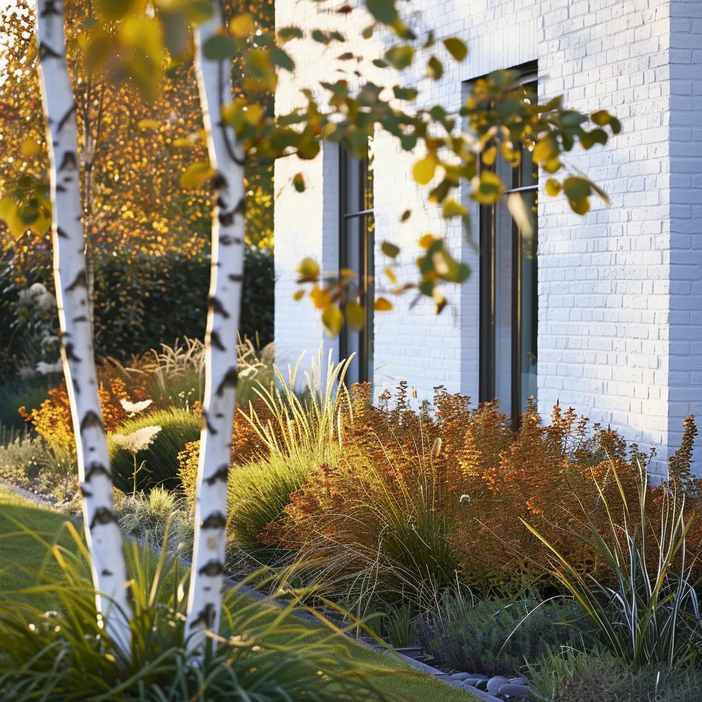 Modern front yard planting scheme showing structural tree, mid-layer shrubs and low groundcover grasses