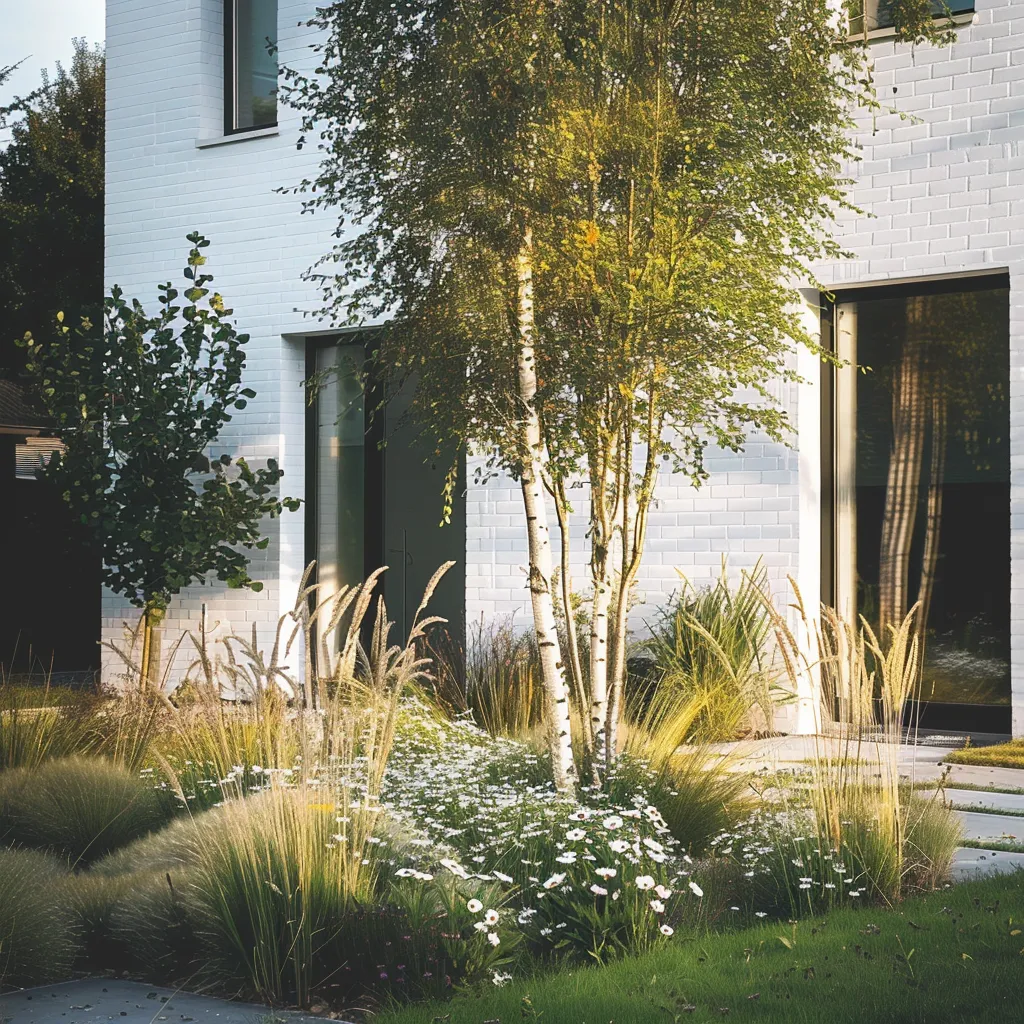 Front garden planting layers for a minimalist render house facade with seasonal texture and structure