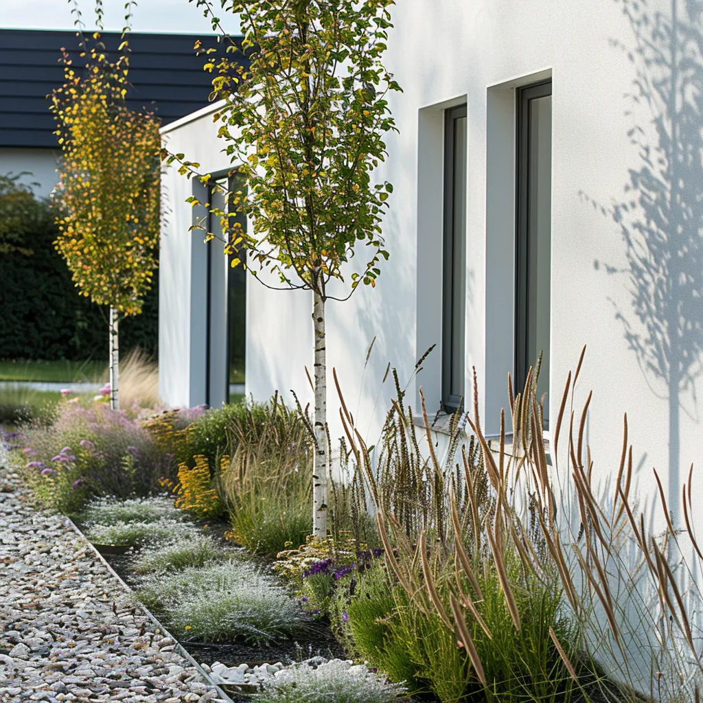 Layered front garden planting ideas next to a white render modern house facade with birch specimen tree