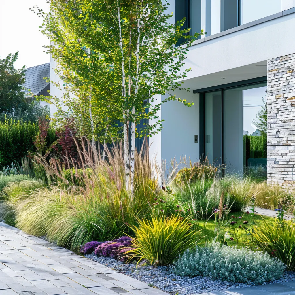Three-layer front garden border design for contemporary home with ornamental shrubs and groundcover