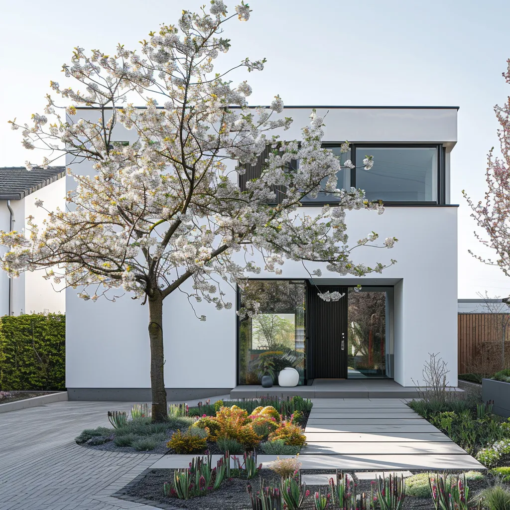 Proportional front garden planting for a two-storey modern render house facade with multi-stem Amelanchier in spring