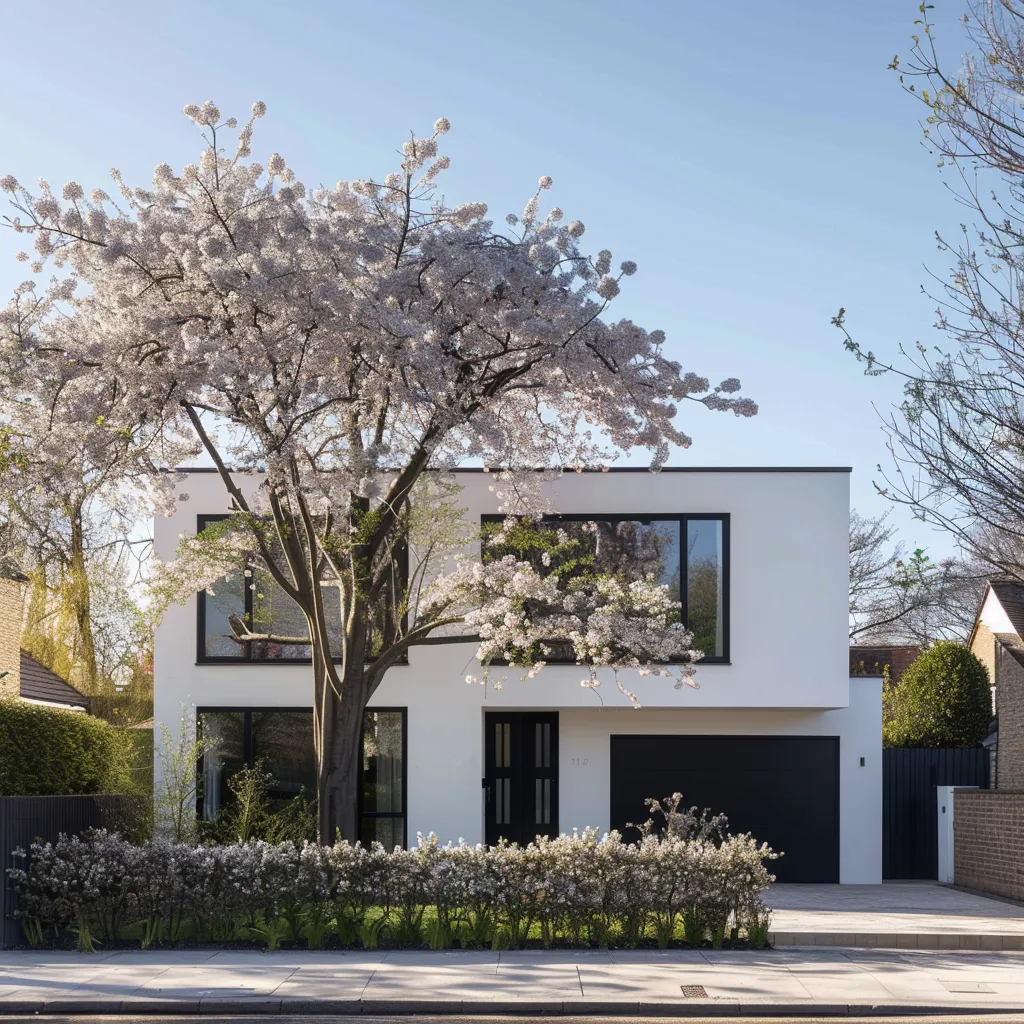 Full-width front garden border design for a white contemporary home showing correct specimen tree scale