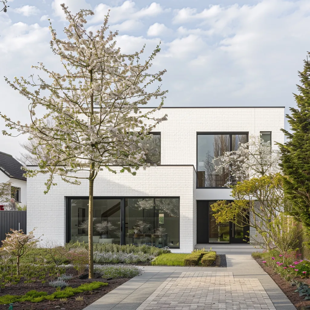 Modern front yard planting ideas with correctly proportioned tree and structured border running along house facade