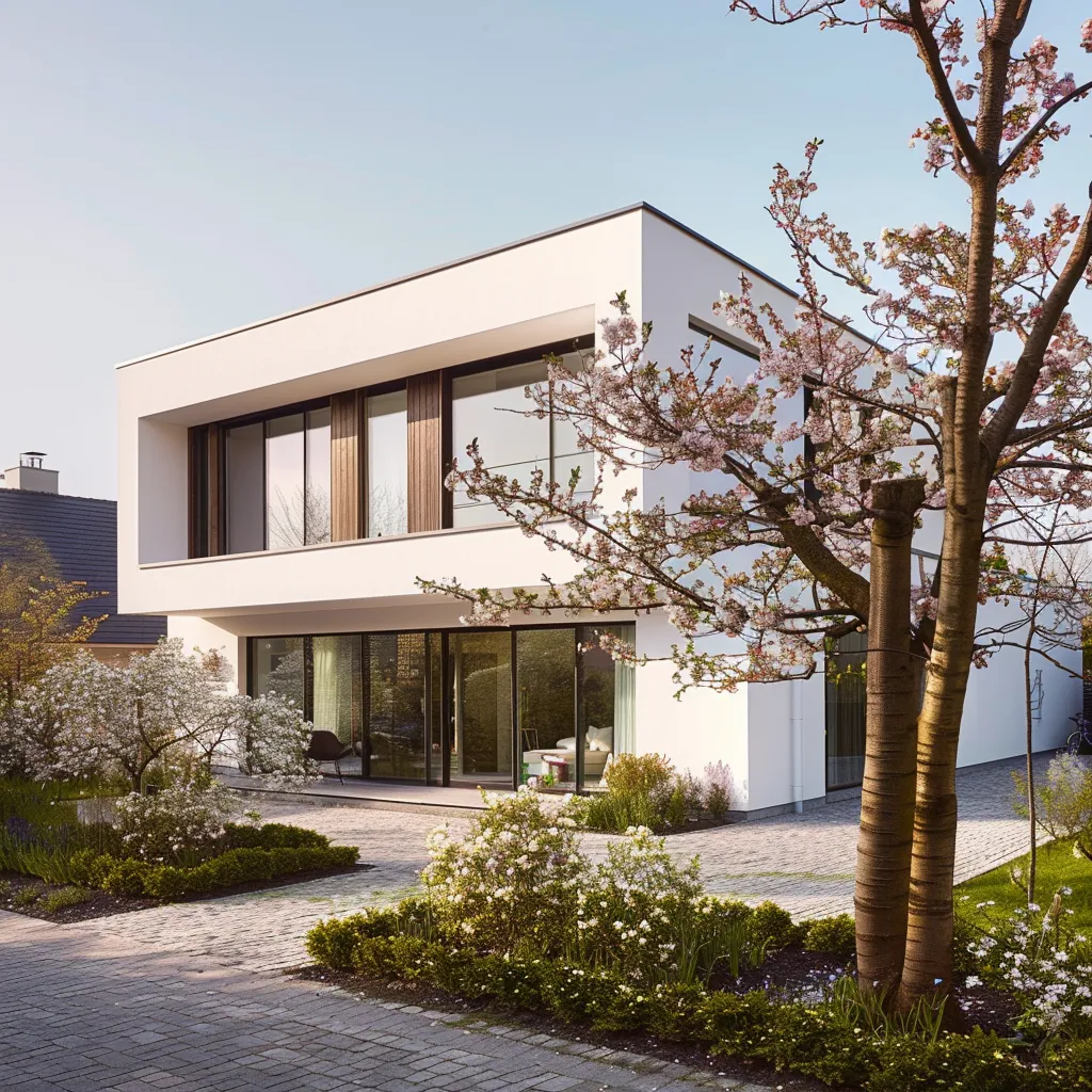 Street view of contemporary home facade with layered front garden planting at correct height and width proportion
