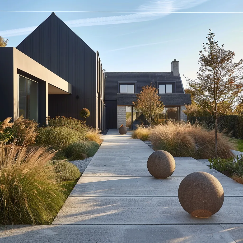 Modern house front garden design with structured border planting and concrete pathway