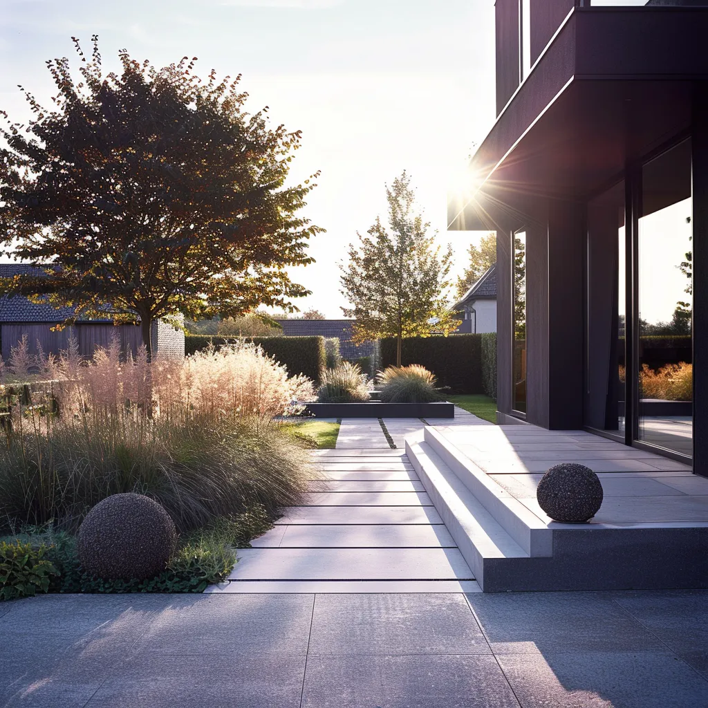 Contemporary front yard planting scheme for a minimalist home facade with grasses and topiary
