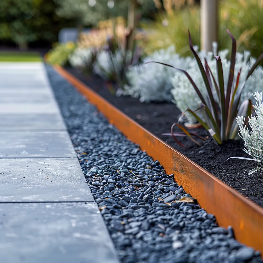 Front garden path edging detail with corten steel strip, dark gravel mulch and structured planting for modern house