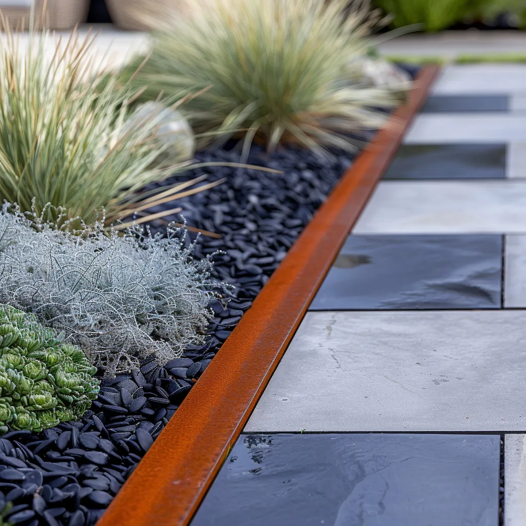 Contemporary front yard hard landscaping with concrete pavers, steel edging and architectural groundcover planting