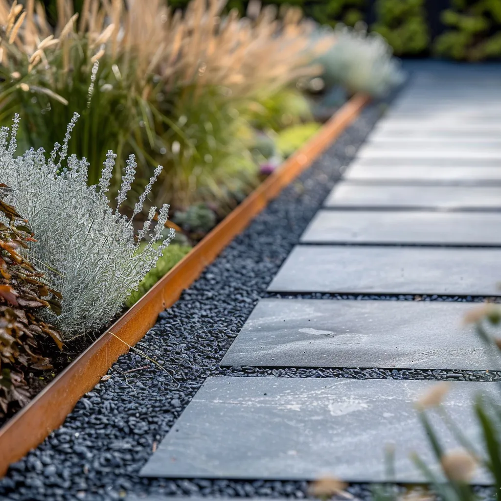 Close-up of modern front garden planting border with corten edging, dark slate gravel and black Ophiopogon