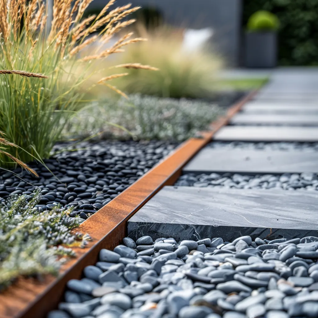 Detail shot of front garden planting scheme edging for minimalist house facade with silver and black foliage contrast
