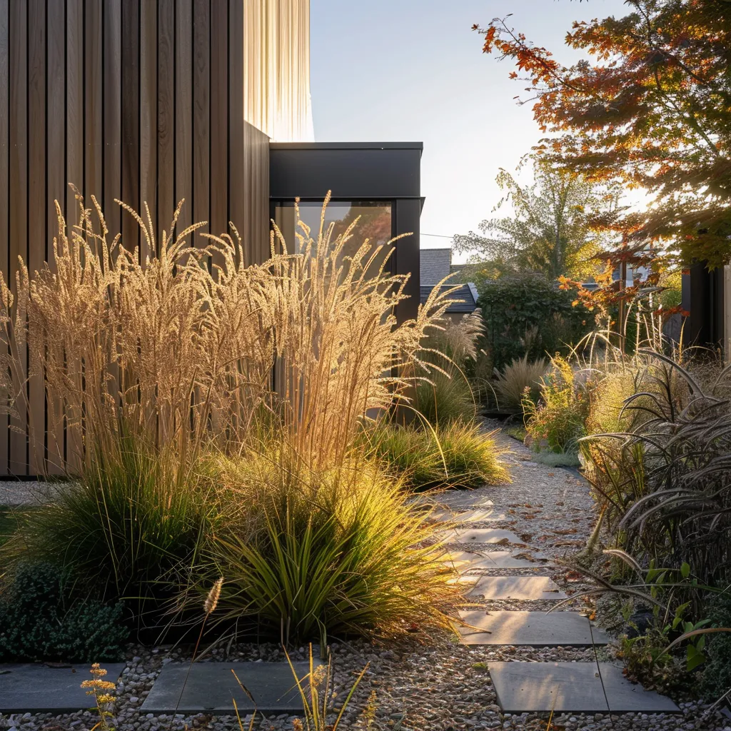 Cedar facade contemporary home front yard with loose grass planting and stepping stone path
