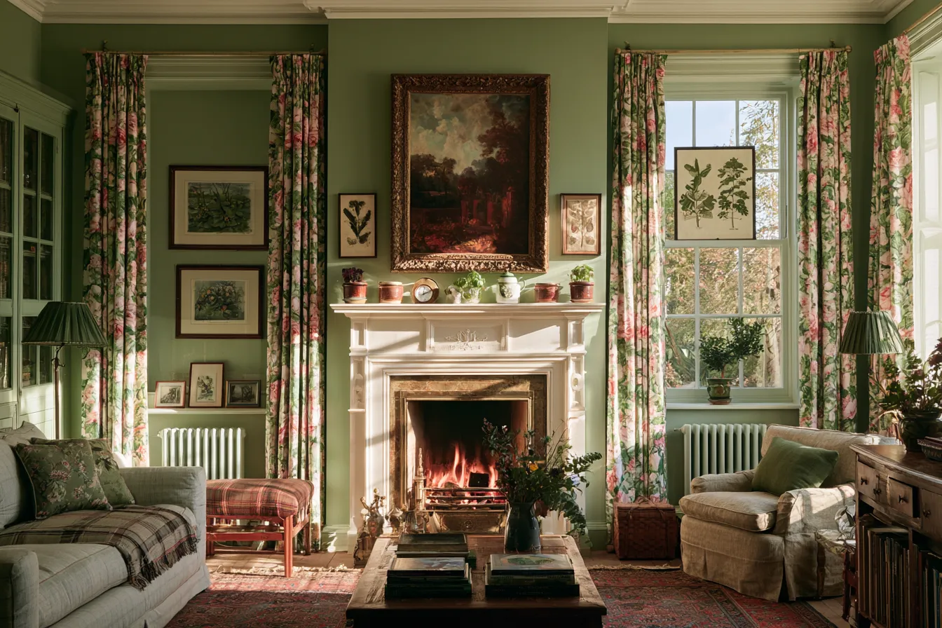 grandmillennial living room decor sage green walls floral curtains oil paintings fireplace