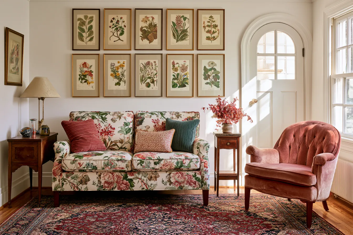 grandmillennial style living room floral sofa gallery wall antique wood editorial