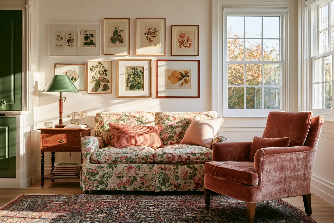 grandmillennial living room ideas chintz florals velvet dusty rose Persian rug