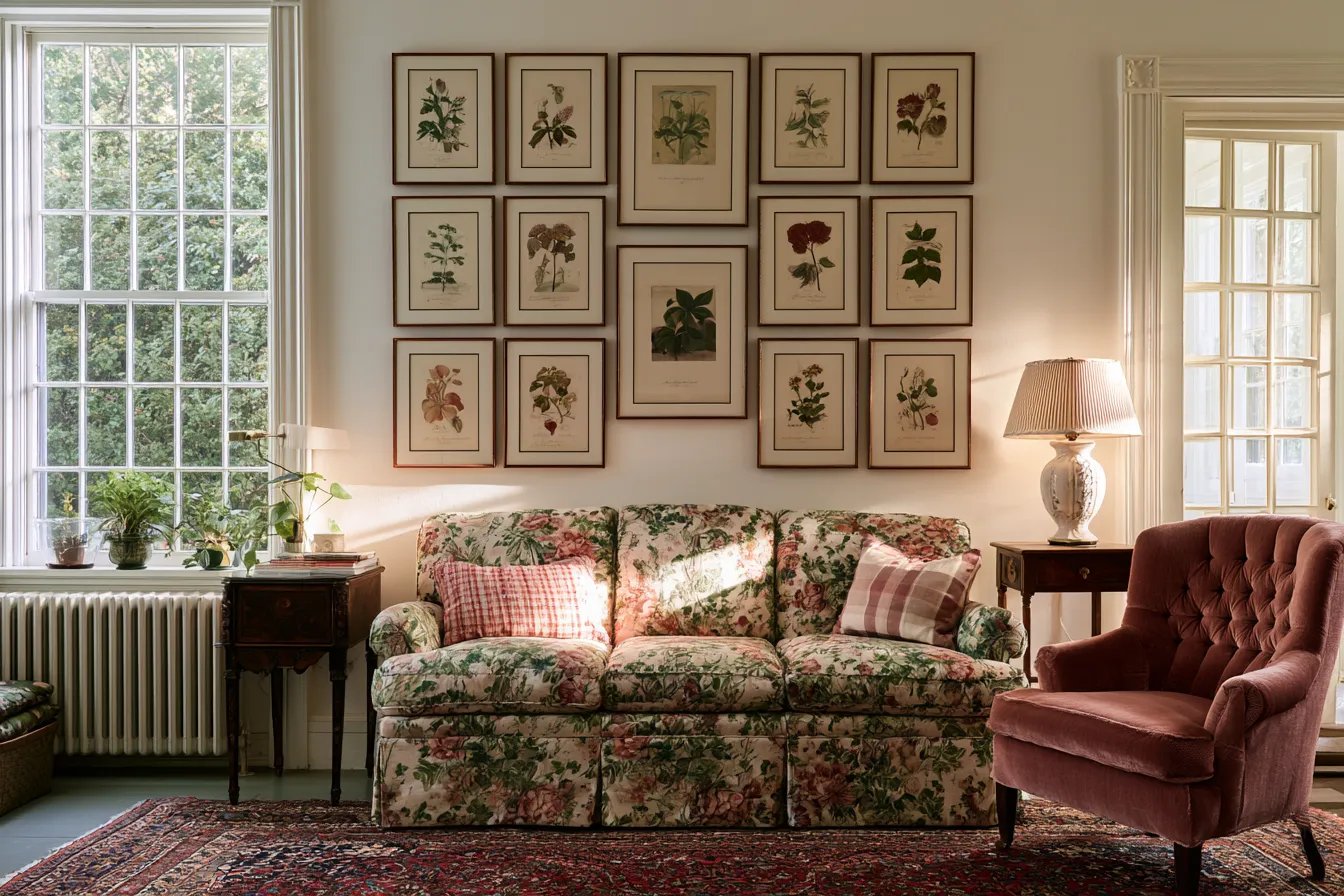 grandmillennial decor living room botanical prints velvet armchair warm afternoon light