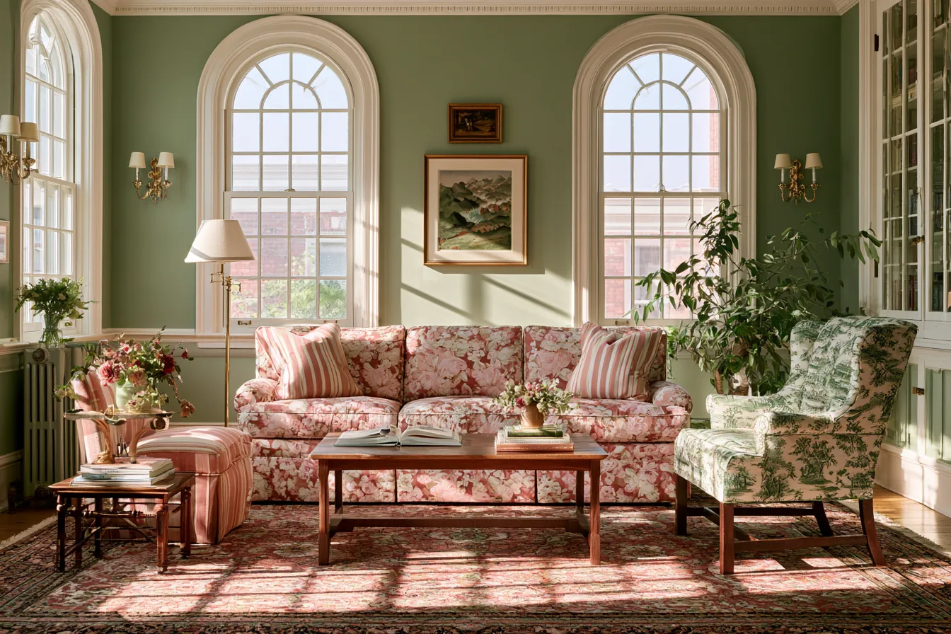 grandmillennial living room pattern mixing chintz sofa stripe cushions toile armchair Persian rug