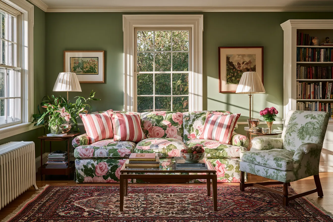 grandmillennial style living room pattern mixing pink floral sofa sage walls